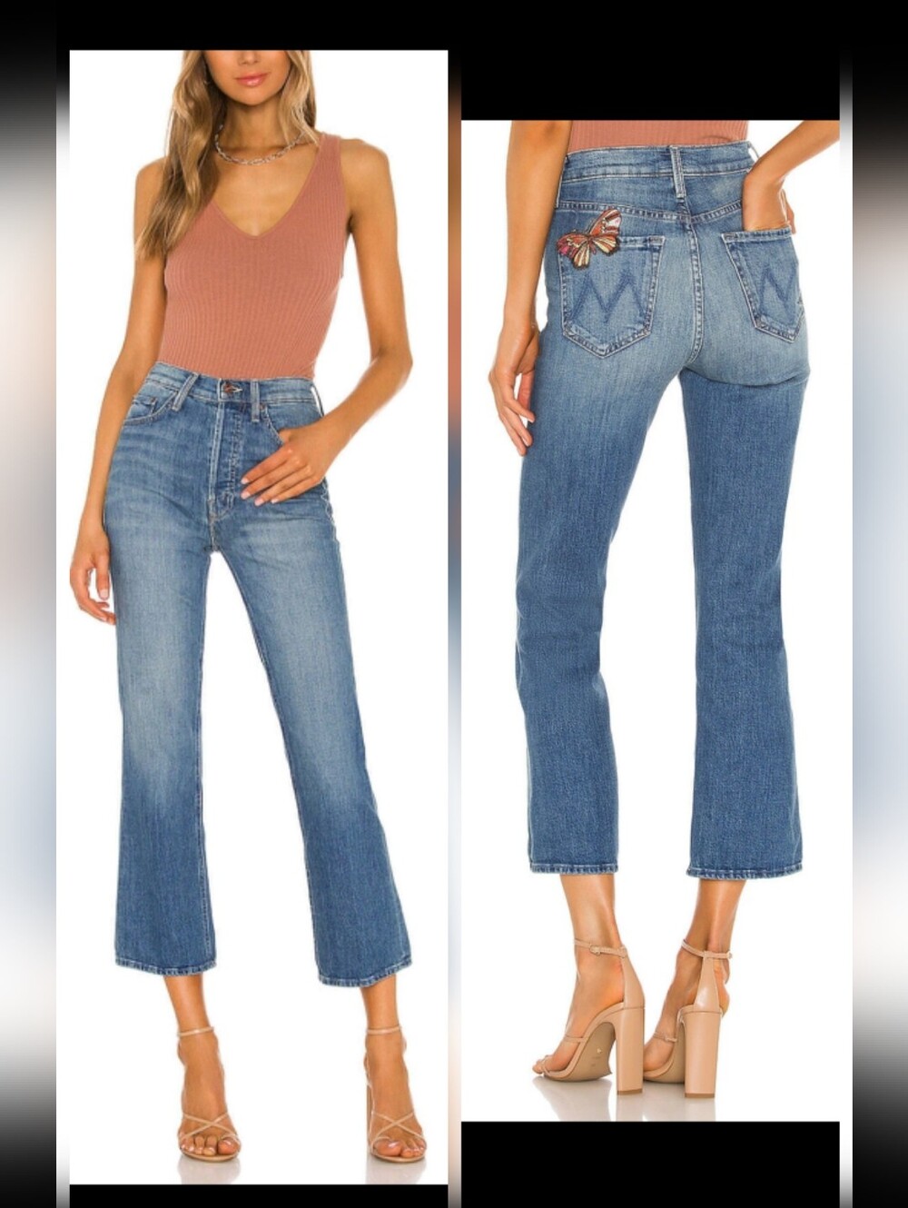 MOTHER Medium Blue High-Rise Cropped Flare Jeans with Butterfly Detail Sz 28